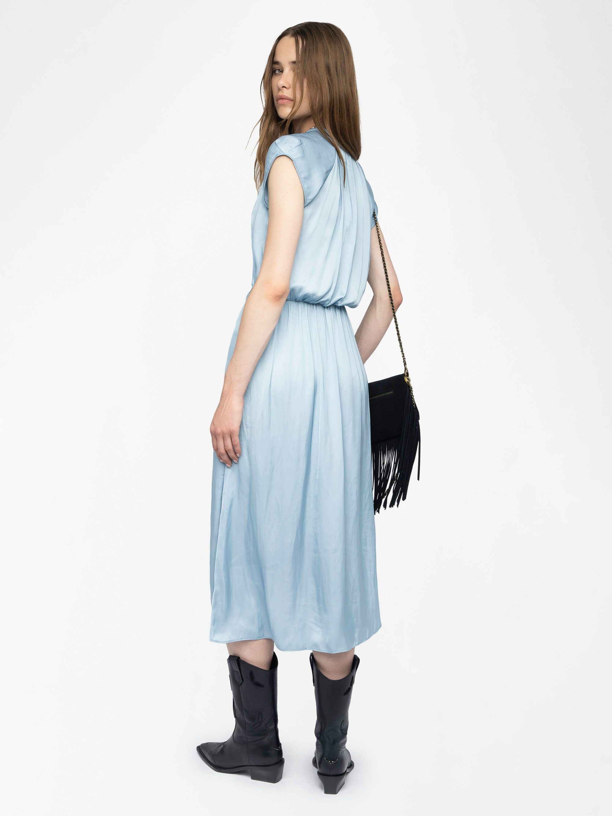 Randall Satin Dress - Mid-length satin dress with short raglan sleeves and an asymmetric ruffled panel skirt.